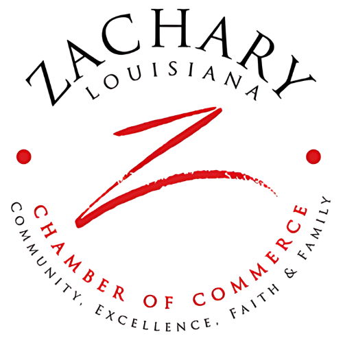Zachary Chamber of Commerce Logo. Black and red text over white background.